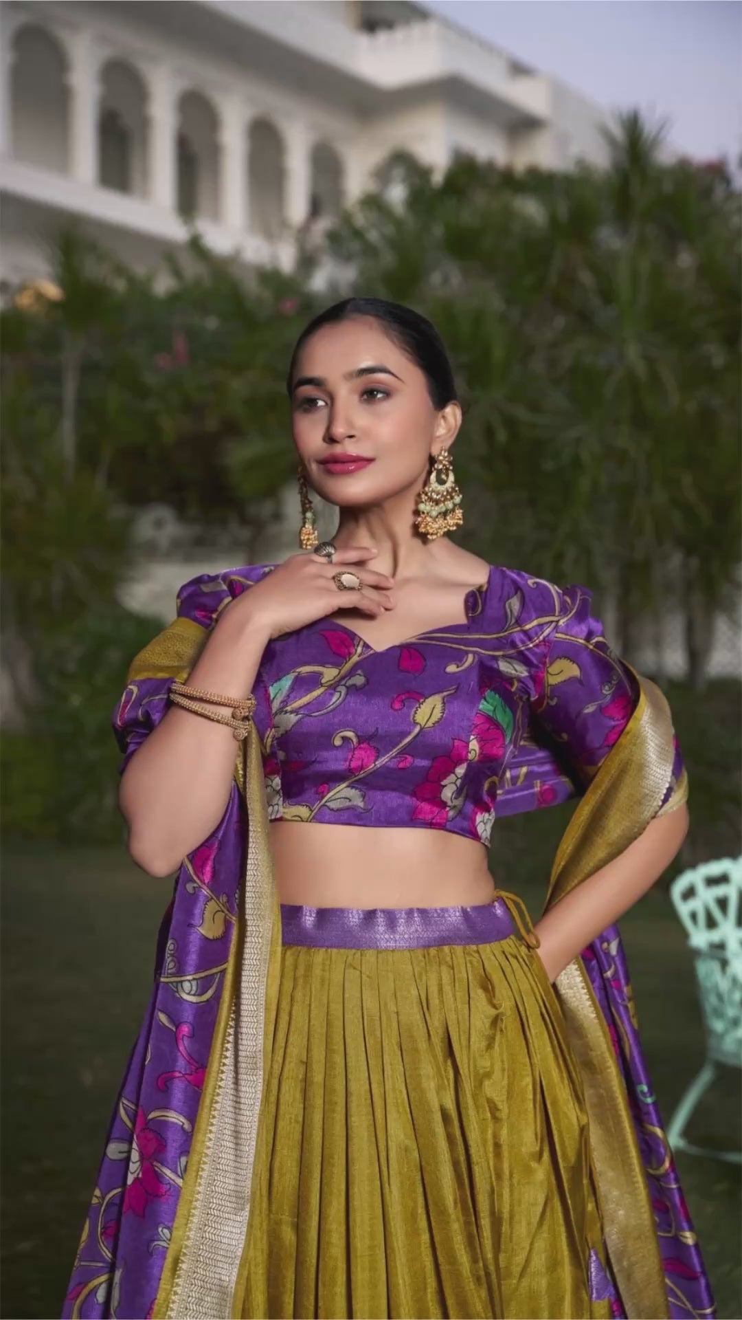 Muster Tussar Silk Lehenga Choli with Printed (Kalamkari) With Zari Weaving Border