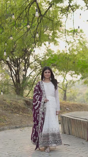 Embroidered Faux Georgette Party Gown Set with Dupatta & Latkans