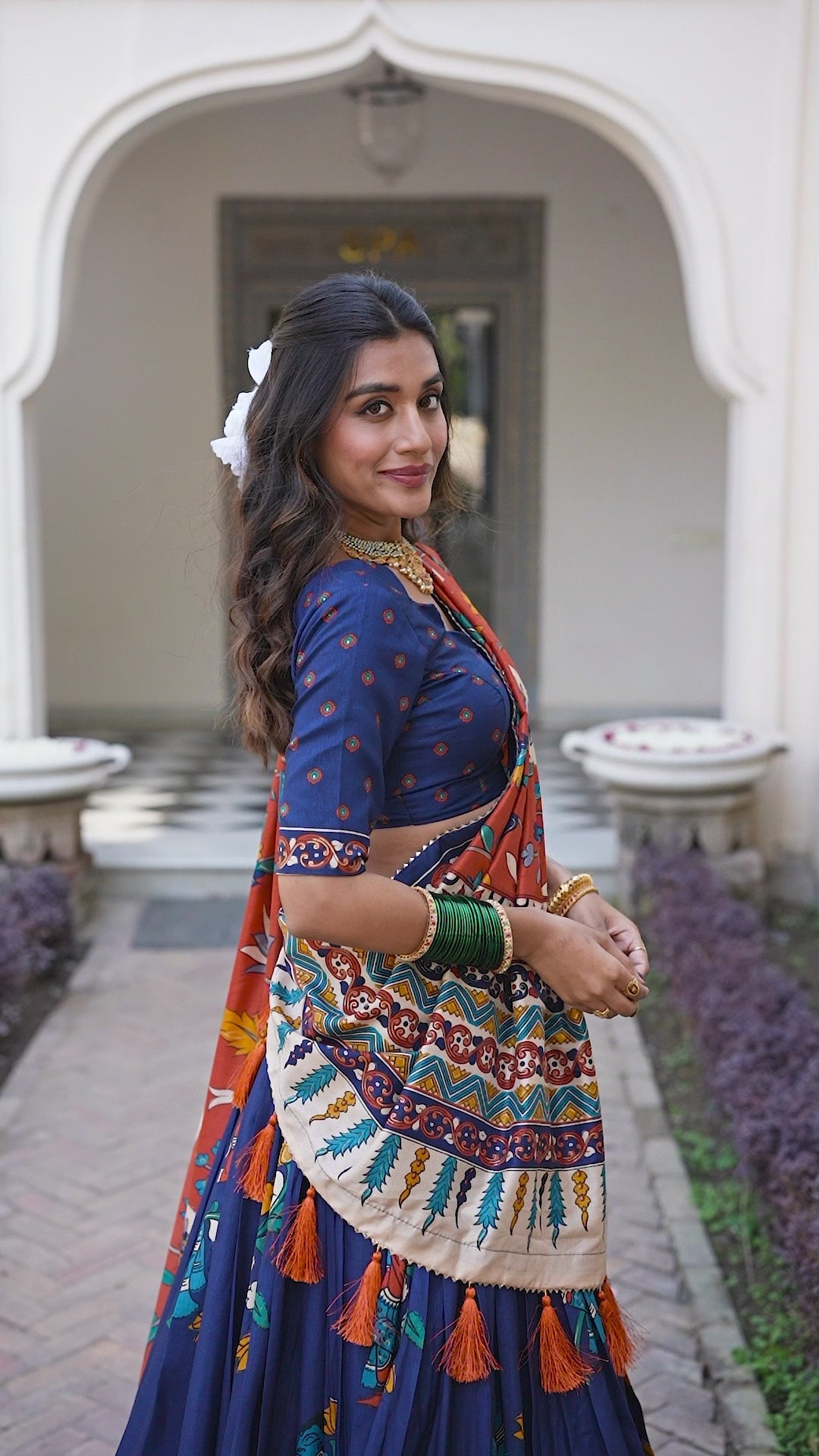 Navy Blue Tussar Silk Lehenga Choli with Kalamkari With Foil Work