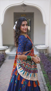 Navy Blue Tussar Silk Lehenga Choli with Kalamkari With Foil Work
