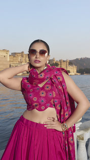 Pink Tussar Silk Lehenga Choli with Floral Print With Foil Work