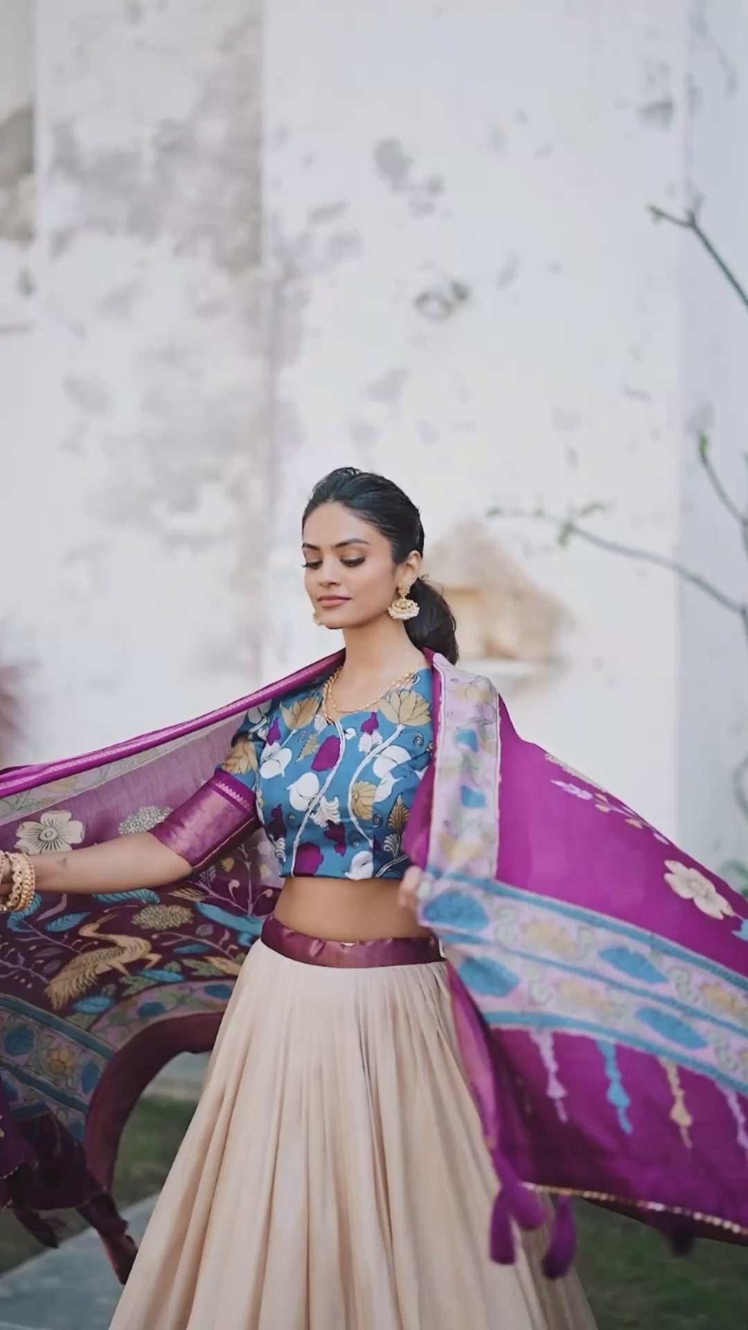 Off White Tussar Silk Lehenga Choli with Printed (Kalamkari) With Zari Weaving Border