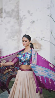 Off White Tussar Silk Lehenga Choli with Printed (Kalamkari) With Zari Weaving Border