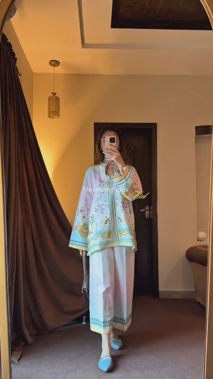 Baby Pink & Green Digital Print Crepe Co-Ord Set – Designer Partywear
