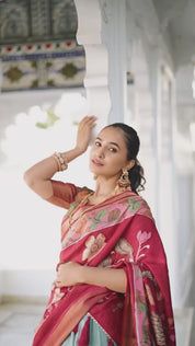 Seagreen Tussar Silk Lehenga Choli with Printed (Kalamkari) With Zari Weaving Border