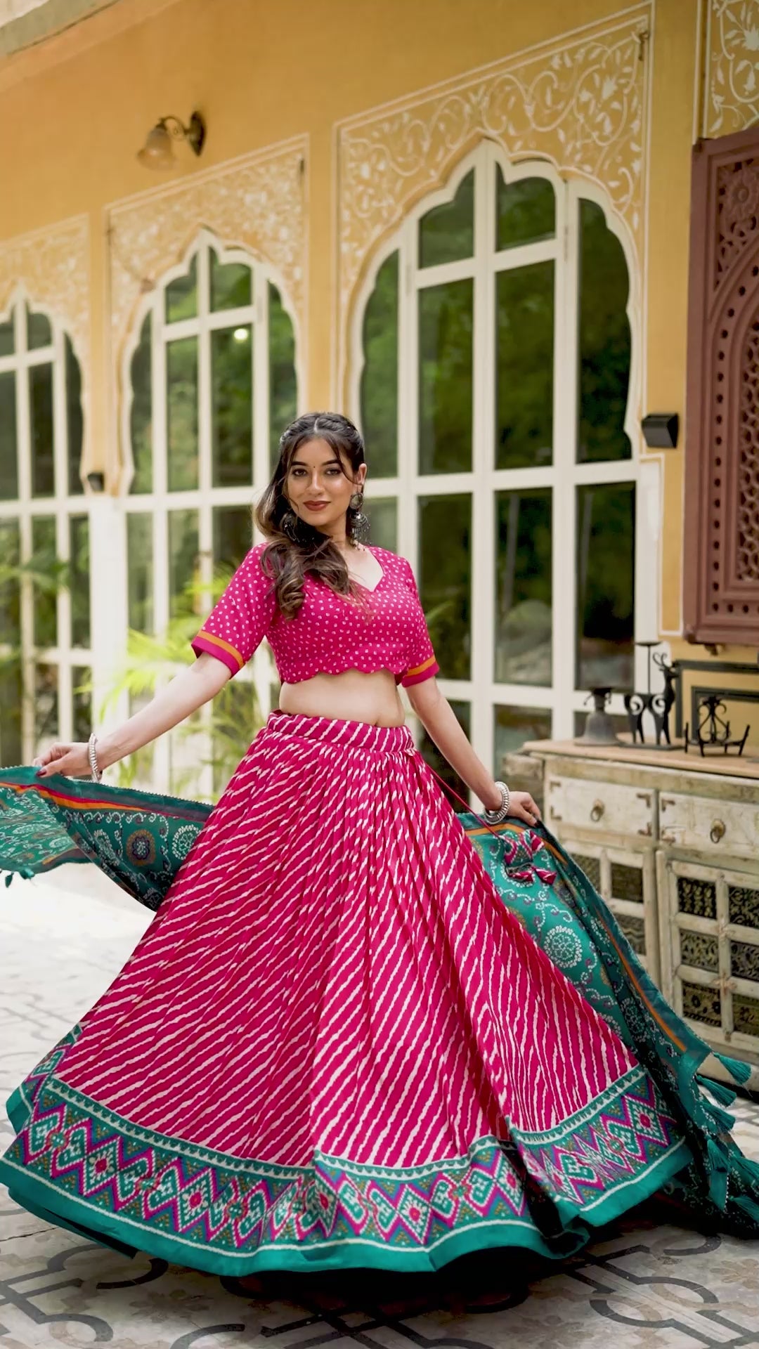 Pink Tussar Silk Lehenga Choli with Leheriya With Patola Print Border