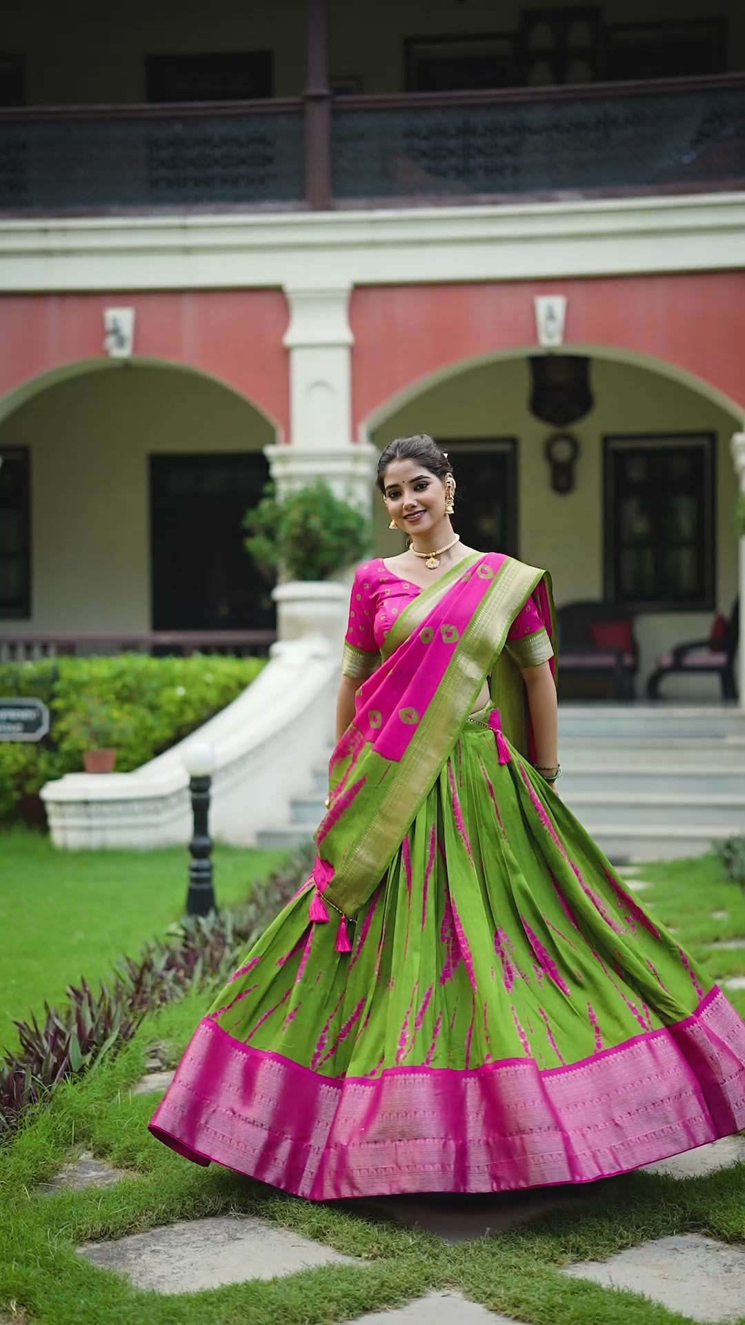 Pink Tussar Silk Lehenga Choli with Shibori Print With Zari Weaving Border