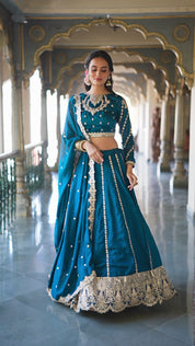 Firozi Tussar Silk Lehenga Choli with Sequins And Thread Embroidery Work
