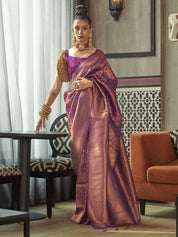 Regal Purple & Gold Banarasi Silk Blend Saree with Intricate Zari Weaving