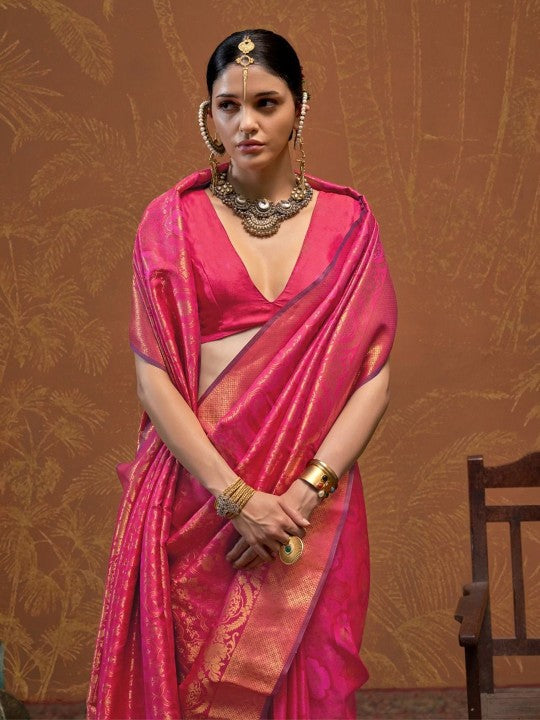 Rani Pink & Orange Banarasi Saree with Gold Zari Detailing