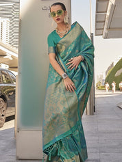Elegant Sea Green Banarasi Saree with Gold Zari Border & Unstitched Blouse