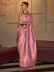 Pink & Gold Banarasi Silk Blend Saree with Zari Woven Detailing