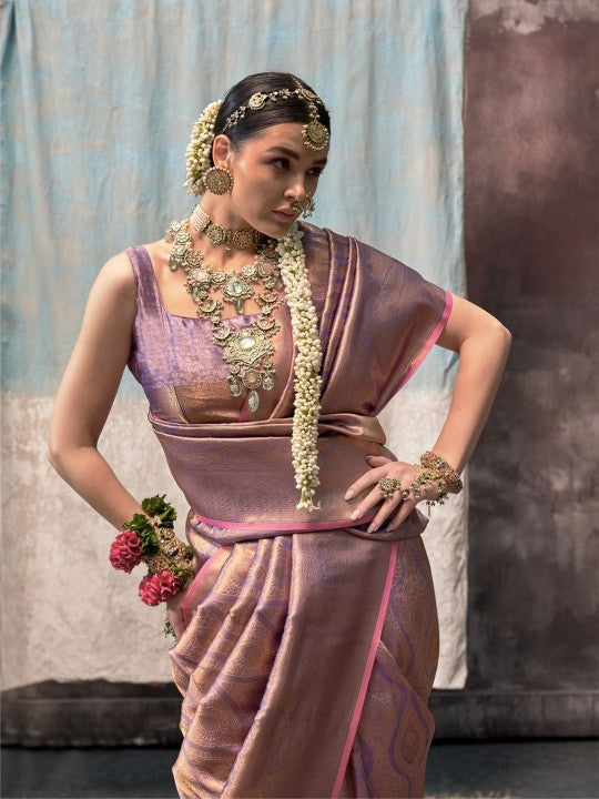 Iridescent Lavender & Gold Banarasi Silk Saree with Subtle Pink Edging