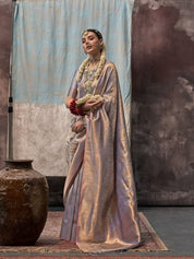 Iridescent Lavender & Gold Banarasi Silk Saree with Subtle Pink Edging