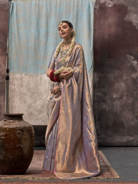 Iridescent Lavender & Gold Banarasi Silk Saree with Subtle Pink Edging