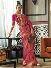 Majestic Pink & Gold Banarasi Silk Blend Saree with Ornate Zari Highlights