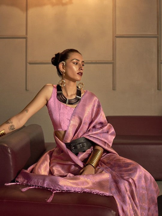 Pink & Gold Banarasi Silk Blend Saree with Zari Woven Detailing