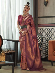 Wine & Gold Banarasi Silk Blend Saree with Traditional Zari Work