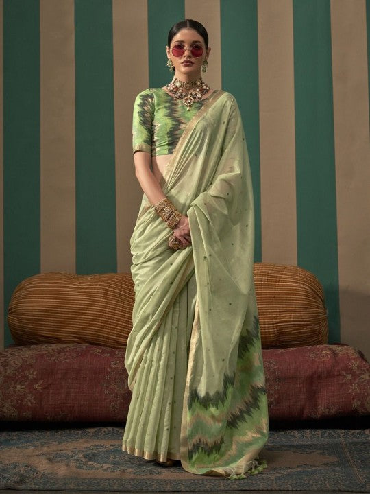Pista Green Handwoven Saree with Ikat-Inspired Blouse