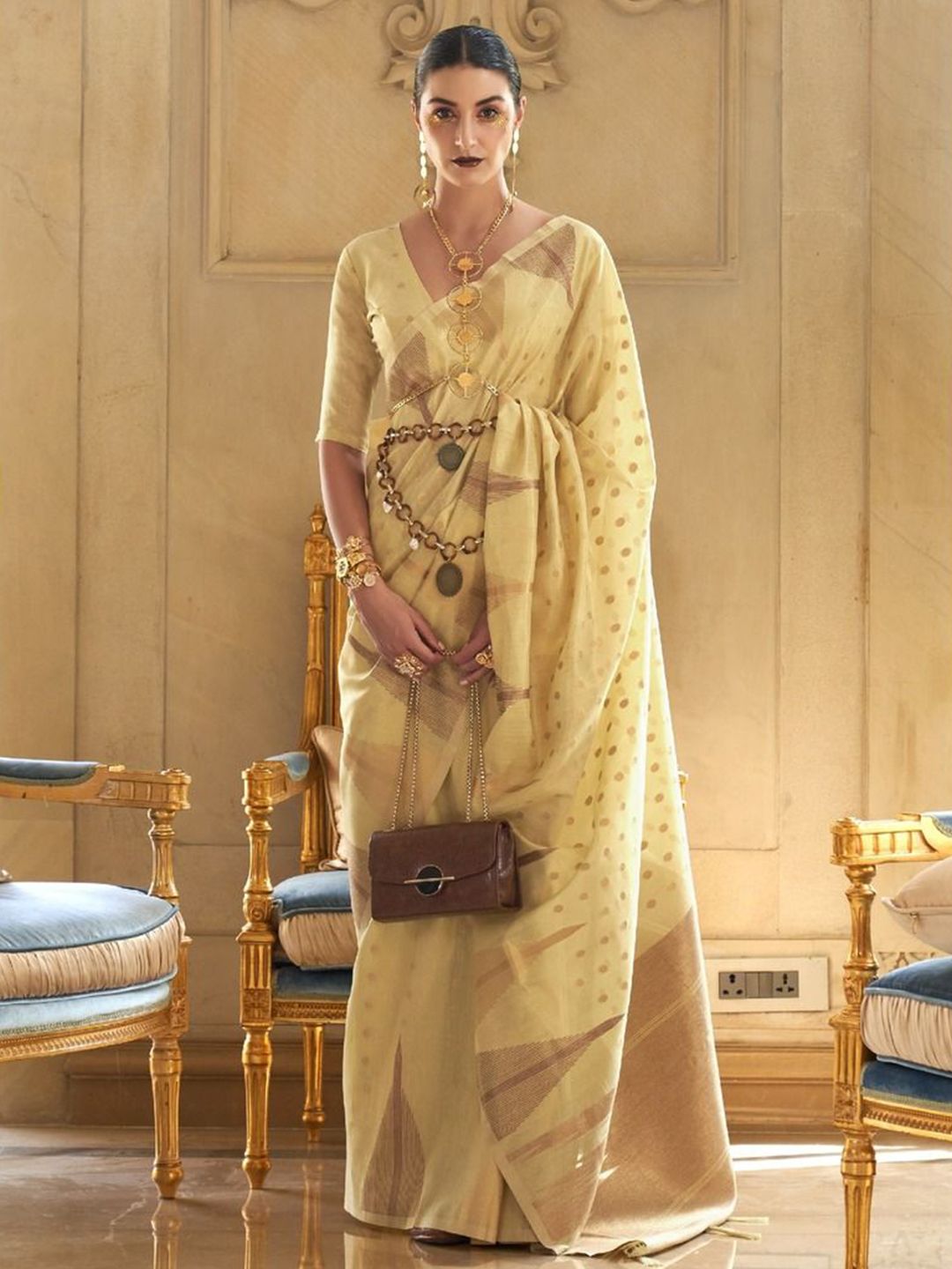 Elegant Yellow Handwoven Saree with Subtle Gold Zari Accents & Unstitched Blouse